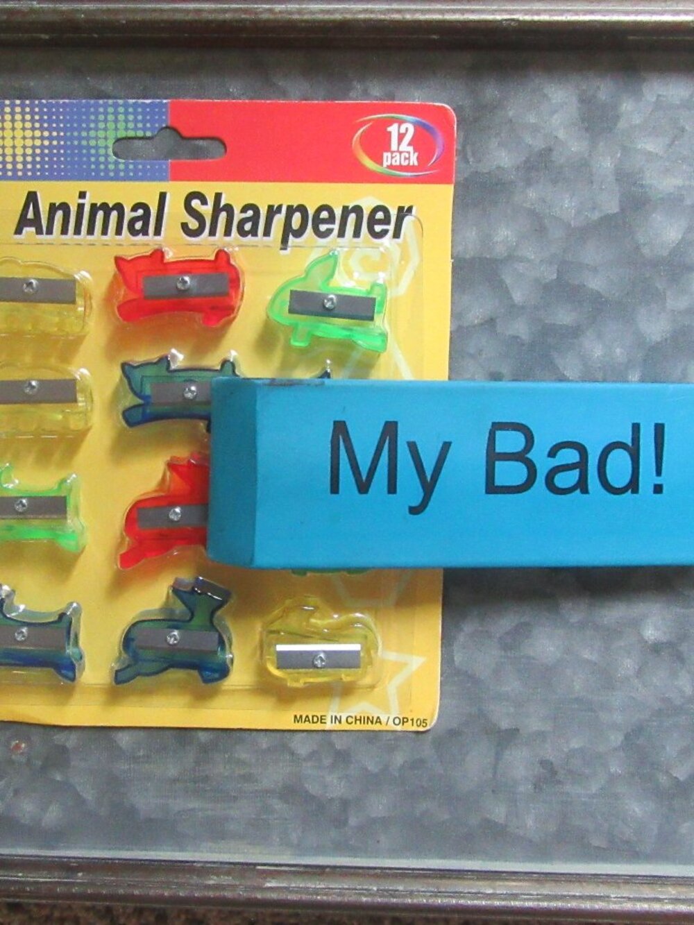 Vintage Novelty School; NIP 12 animal pencil sharpeners; My Bad oversize eraser